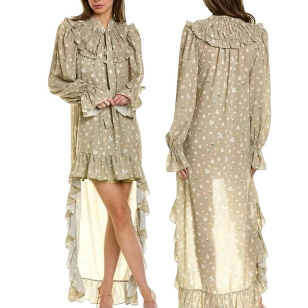 WeWoreWhat Cream Ruched Tiered Gown with Bishop Sleeves